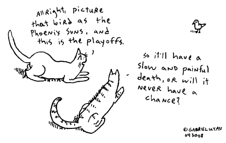 Funny cartoon by Gabriel Utasi about how the Phoenix Suns lost in the playoffs. Cat cartoon