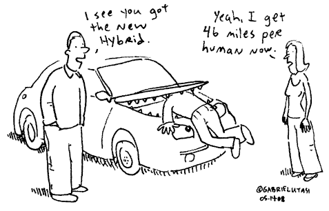 Funny cartoon by Gabriel Utasi about hybrid cars fueled by humans