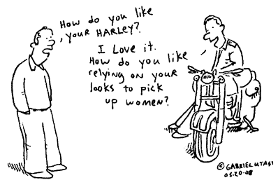 Funny cartoon by Gabriel Utasi about a new Harley Davidson motorcycle