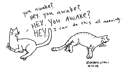 Funny comic by Gabriel Utasi about loud cats in the morning