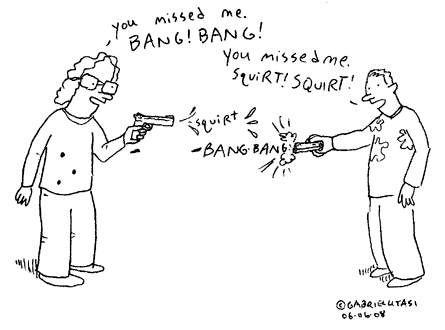 Funny cartoon by Gabriel Utasi about kids playing with guns