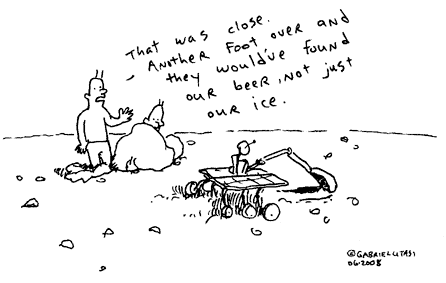 Funny cartoon by Gabriel Utasi about the Mars rover finding ice, beer, and aliens