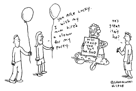 Funny cartoon by Gabriel Utasi about a homeless birthday clown