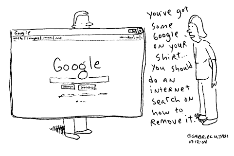 Funny cartoon by Gabriel Utasi about Googling Google on Google to remove Google from your shirt