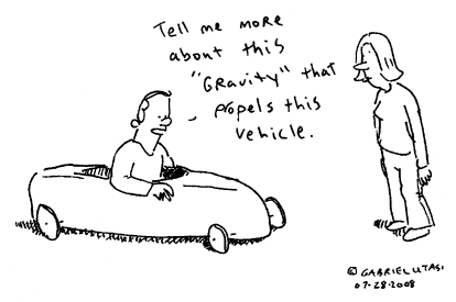 Funny cartoon by Gabriel Utasi about a soap box car powered by gravity