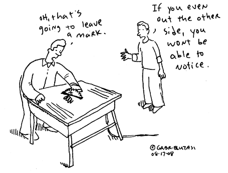 Funny cartoon by Gabriel Utasi about chopping your fingers off with a table saw