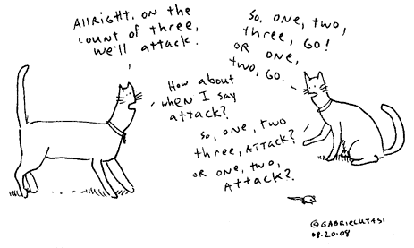 Funny cartoon by Gabriel Utasi of a cat attack by a cat who can\'t figure out the count down