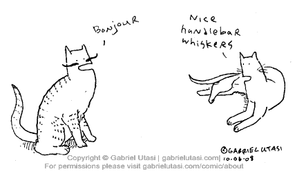 Funny cartoon by Gabriel Utasi about a french cat with a handlebar moustache
