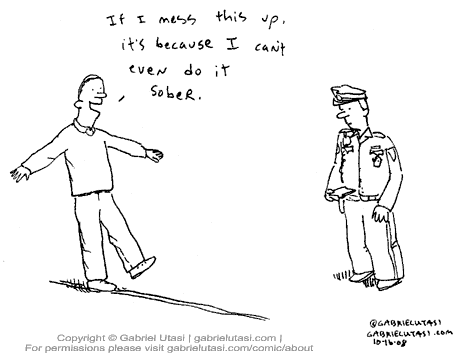Funy cartoon by Gabriel Utasi about taking a sobriety test