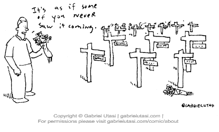 Funny cartoon by Gabriel Utasi about forclosure national cemetary
