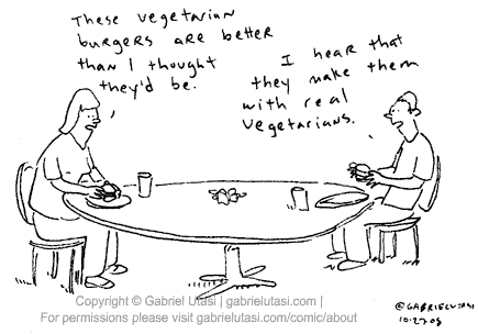 Funny cartoon by Gabriel Utasi about eating a vegetarian burger, literally.