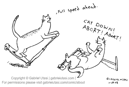 Funny cartoon by Gabriel Utasi about cats riding razor scooters