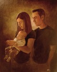 Oil painting of a husband, wife, and baby by Gabriel Utasi