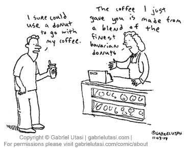 Funny Cartoon by Gabriel Utasi about coffee and donuts
