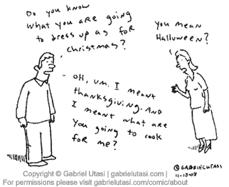 Funny cartoon by award winning artist Gabriel Utasi about Thanksgiving dinner