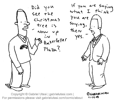 Funny cartoon by award winning artist Gabriel Utasi about Rockerfeller Plaza and homosexuals