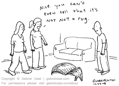 Funny cartoon by award winning artist Gabriel Utasi about a new rug that is a wig