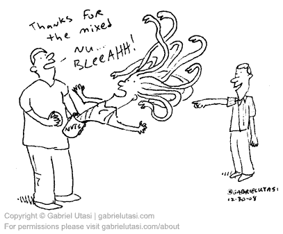 Funny cartoon by award winning artist Gabriel Utasi about Mixed nuts being Madoosa's hair