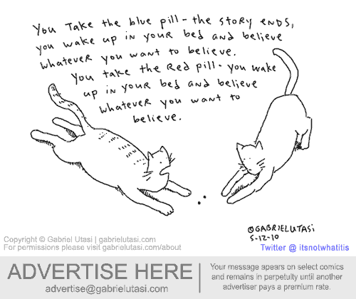 Funny cartoon by award-winning artist Gabriel Utasi about cats acting out the red pill blue pill scene in the matrix