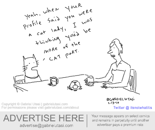 Funny cartoon by award-winning artist Gabriel Utasi about a cat being out on a date at a bar with a cat lady.