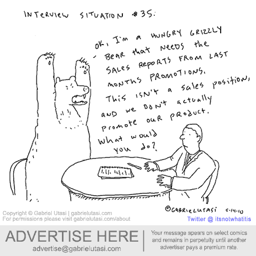 Funny cartoon by award-winning artist Gabriel Utasi about interviewing for a new job.