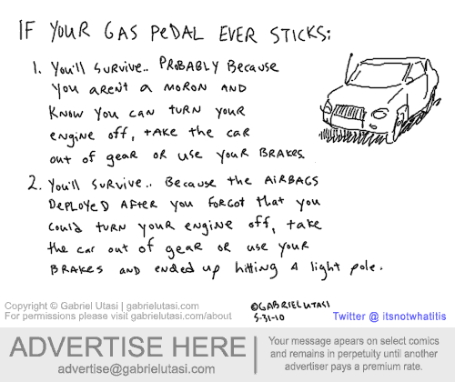 Funny cartoon by award-winning artist Gabriel Utasi about stuck accelerators on cars