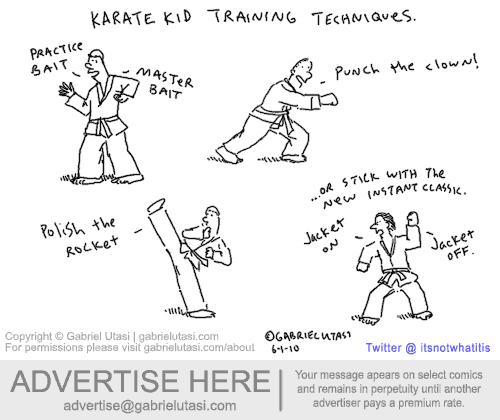 Funny cartoon by award-winning artist Gabriel Utasi about the Karate Kid catch phrase Jacket Off