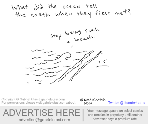 Funny cartoon by award-winning artist Gabriel Utasi about when the ocean Meets the Earth