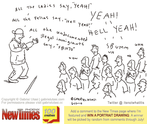 Funny cartoon by award-winning artist Gabriel Utasi about SB 1070 and a rock concert