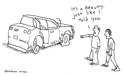 Funny cartoon by Gabriel Utasi about a crappy car