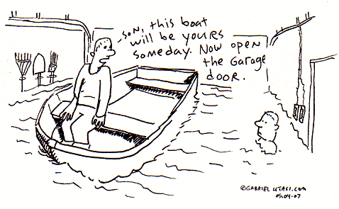 Funny cartoon by Gabriel Utasi about a flooded garage